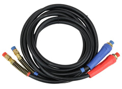 Coiled black rubber air hoses with red and blue flexible grips
