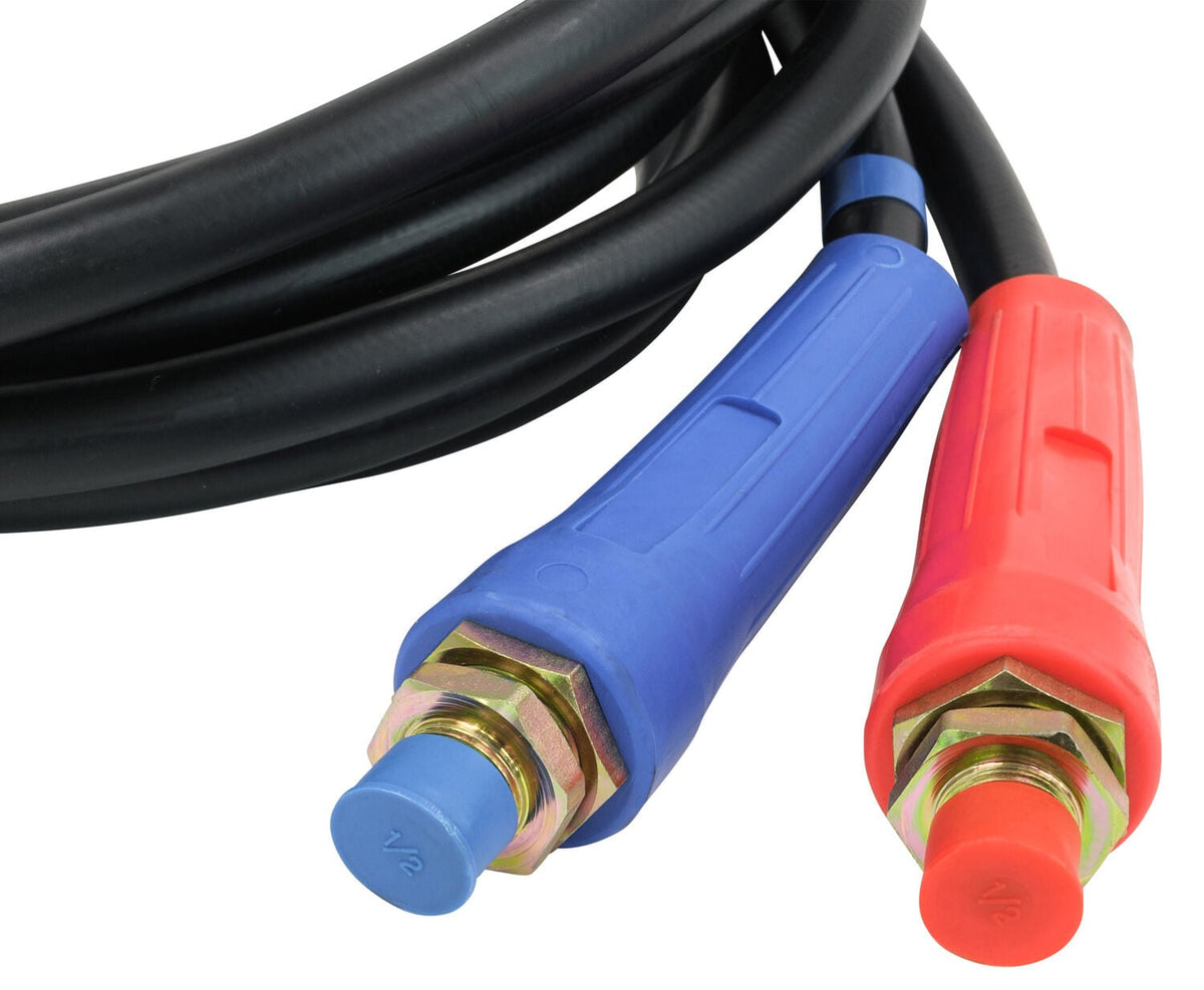 Close-up of red and blue flexible grips on coiled air hoses
